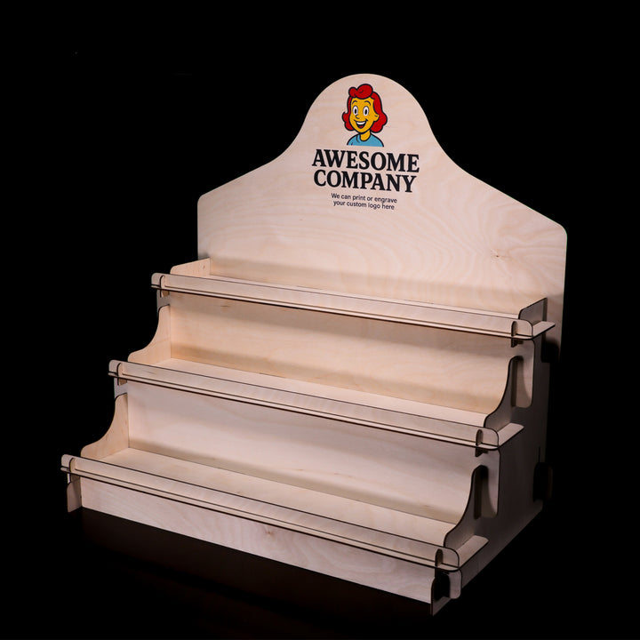 Wooden display stand with 'Awesome Company' logo on a black background