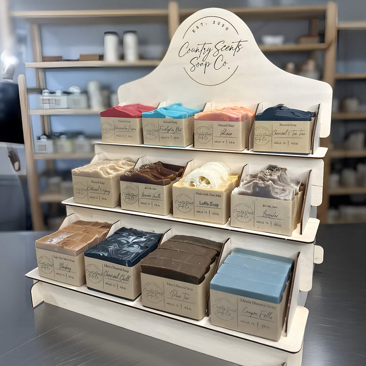 3-Tier Wooden Counter Display Stand showcasing assorted soaps