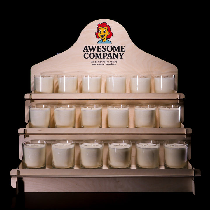 Wooden display rack with candles labeled 'Awesome Company' on a black background