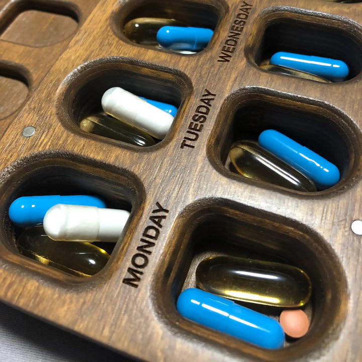 Eco-friendly wooden 7-day pill box