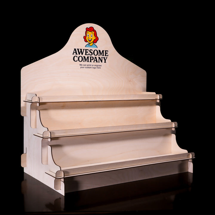 Wooden product display stand with 'Awesome Company' branding on a black background
