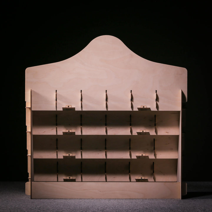 Back view of wooden sticker organizer showing structure