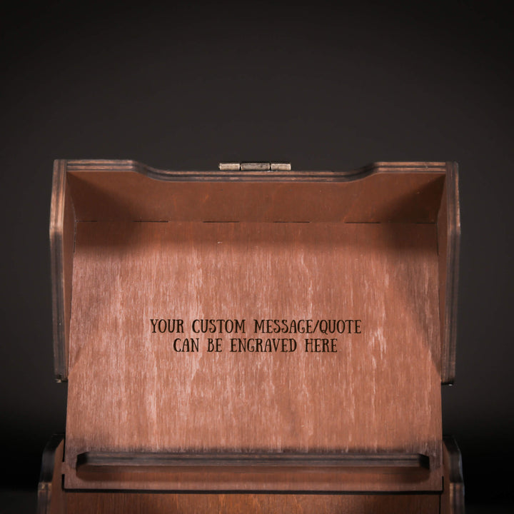 Black wooden recipe box with custom family engraving