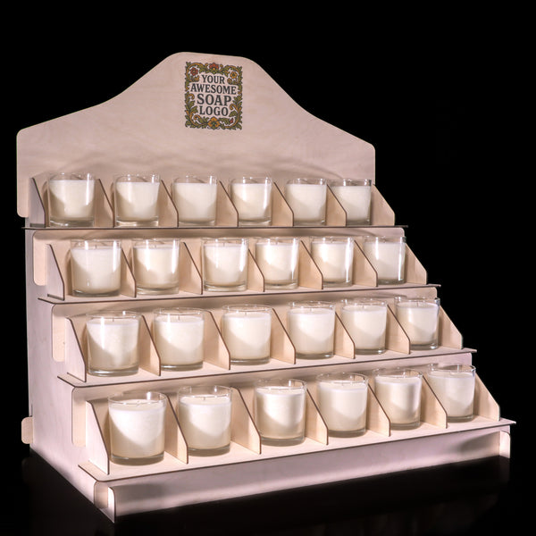 Three-quarter view - countertop candle rack with filled compartments