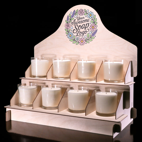 Candle display rack setup with glass jars across two tiers