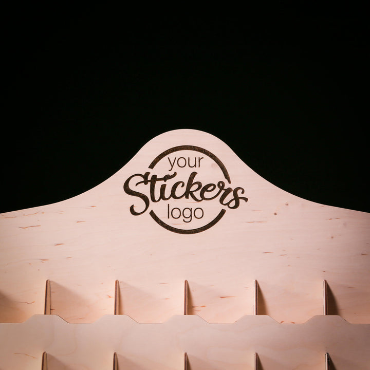 Close-up of customizable logo area on sticker display stand