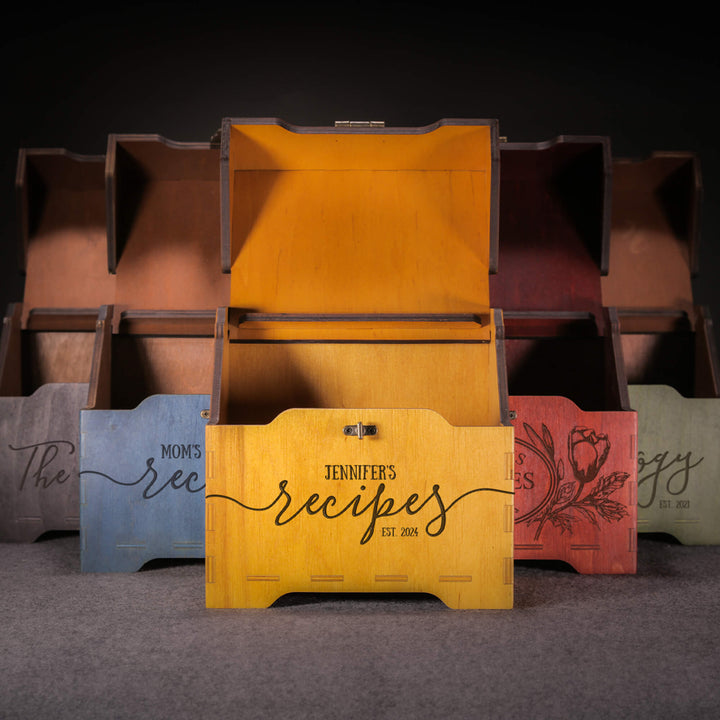 Collection of colorful personalized wooden recipe boxes