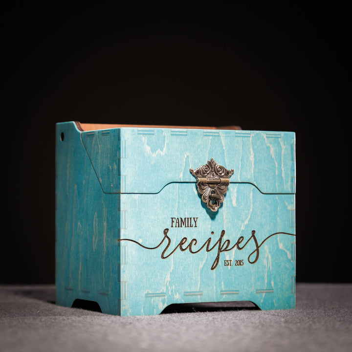 Custom engraved blue recipe box with family name