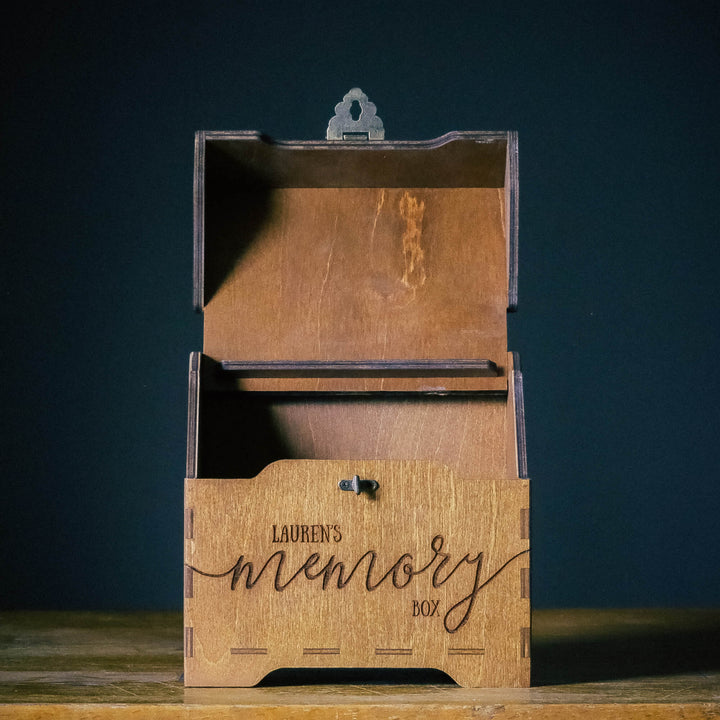 Custom engraved wooden memory box with lid open