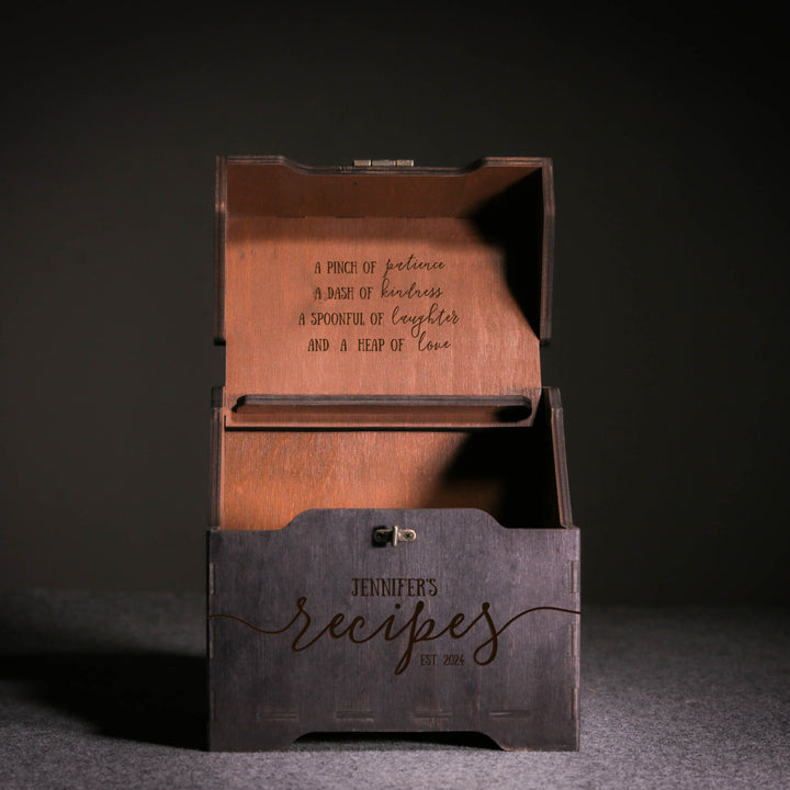 Custom recipe card box open with engraved message inside