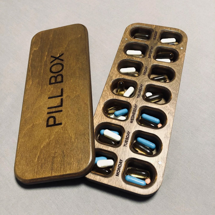 Personalized pill box organizer with magnetic lid