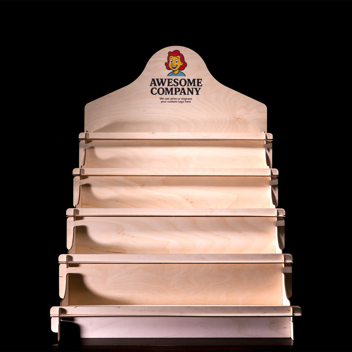 Wooden display stand with 'Awesome Company' logo on a black background