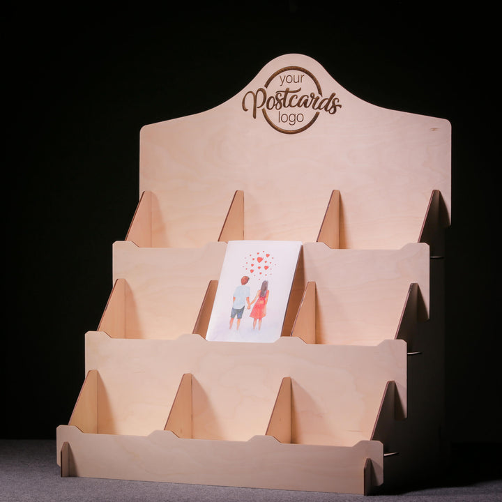 Empty greeting card display stand with customizable logo