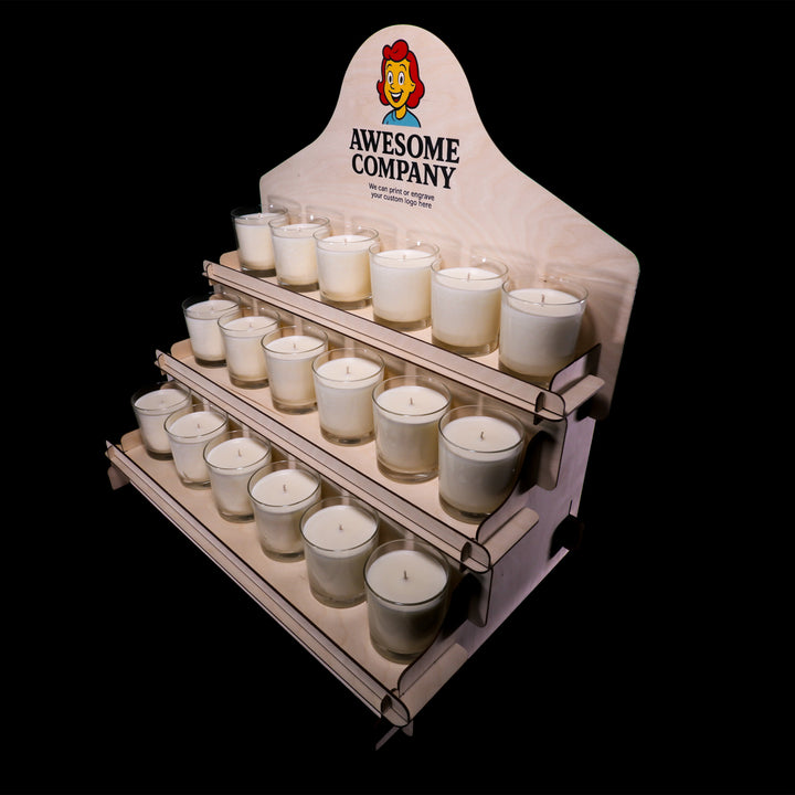 Display stand with candles labeled 