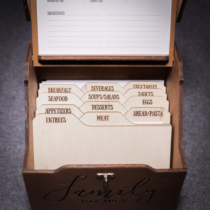 Family heirloom recipe card box with custom engraving