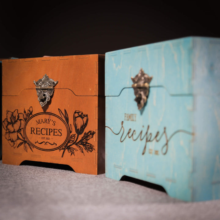 Family recipe box in blue with card holder