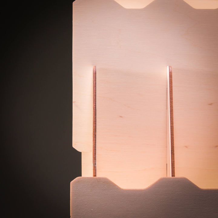 Front close-up of wooden bookmark display showing craftsmanship