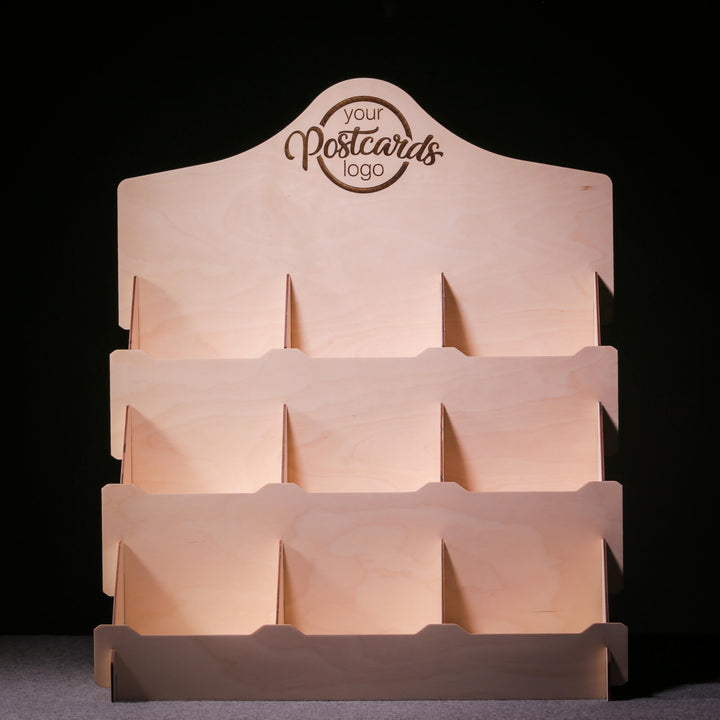 Front view of wooden greeting card display stand