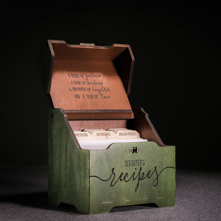 Green recipe box with custom engraving