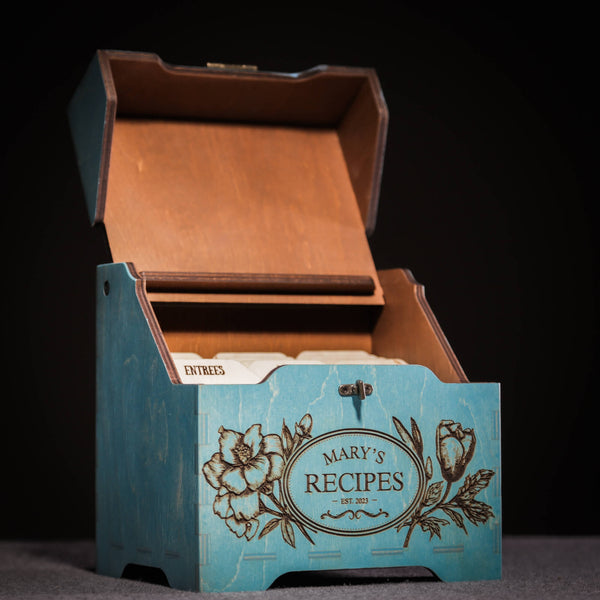 Handmade wooden recipe box with engraved floral design