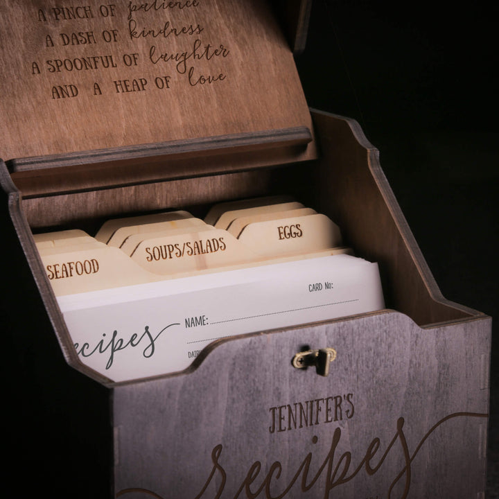 Open recipe box showing dividers and cards