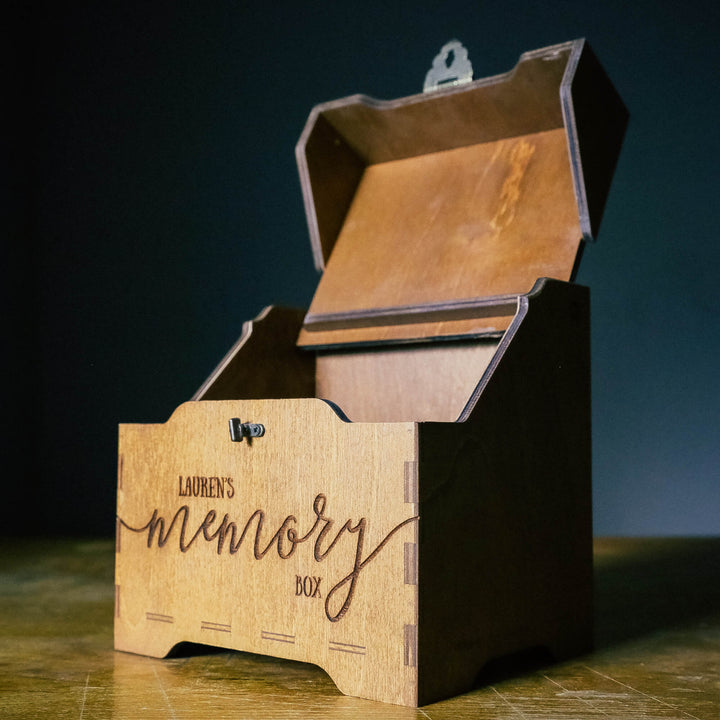 Personalized wooden keepsake box with engraved text