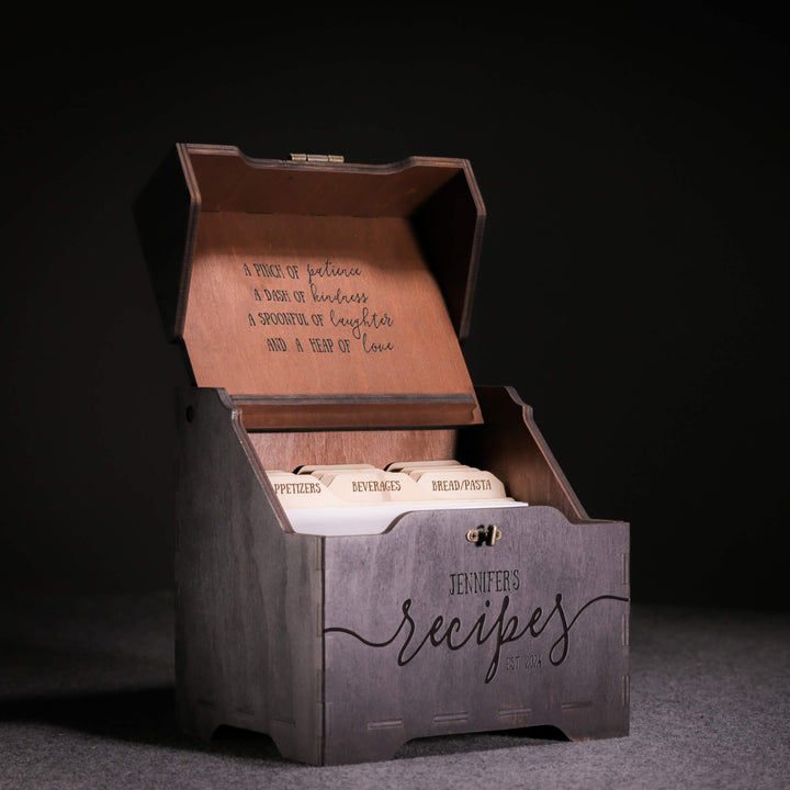 Personalized wooden recipe box with custom engraving