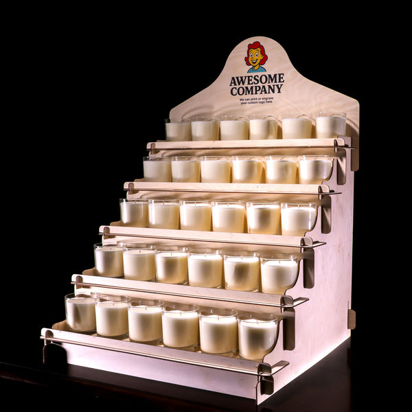 Display stand with multiple small containers on a black background, branded 'Awesome Company'.

