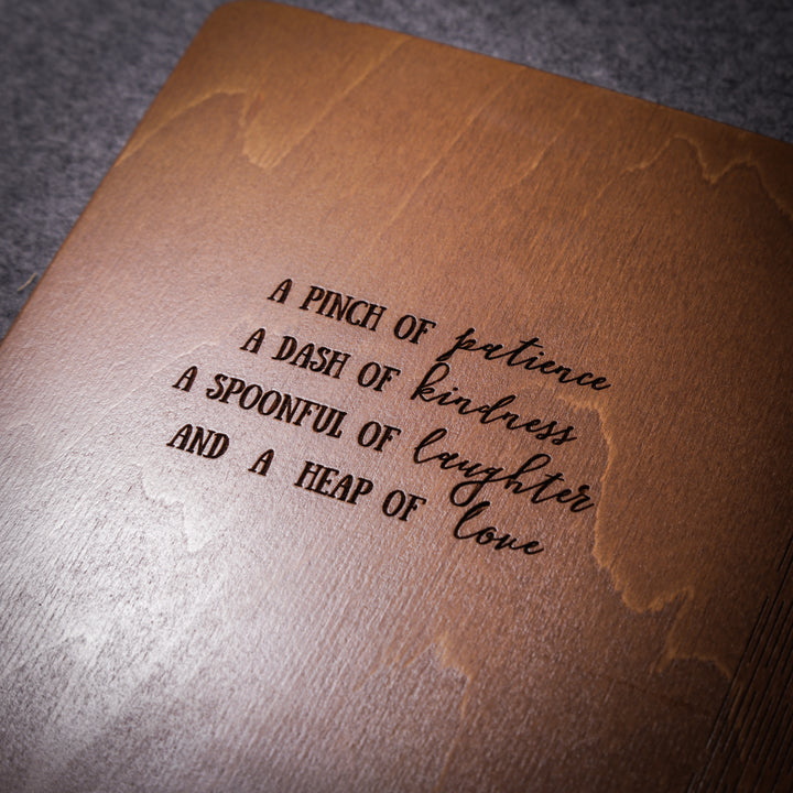 Personalized message inside Wooden Recipe Book"