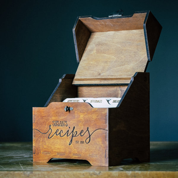Wooden Recipe Box with Cards and Dividers