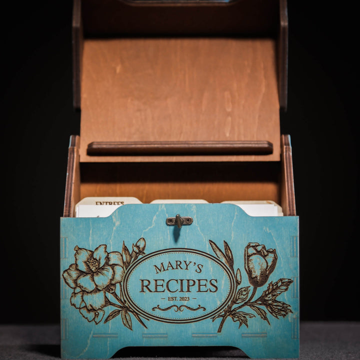 Recipe card box with dividers and personalized engraving