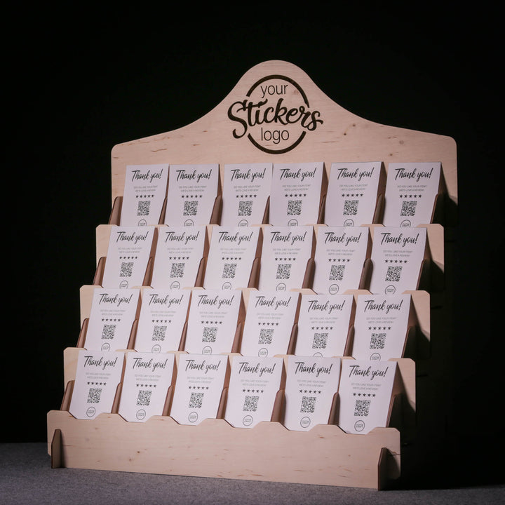 Sticker display stand filled with cards