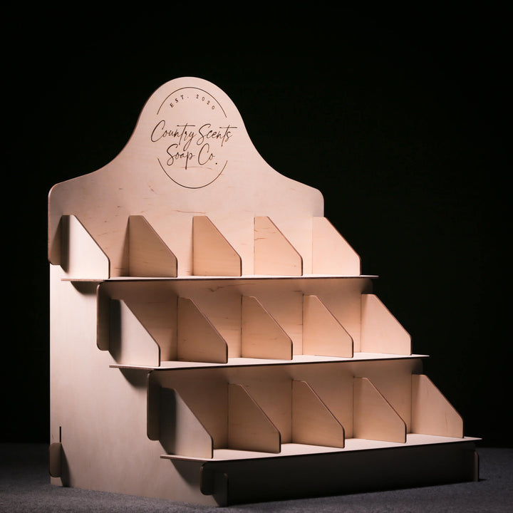 Three-tier wooden display stand for retail use