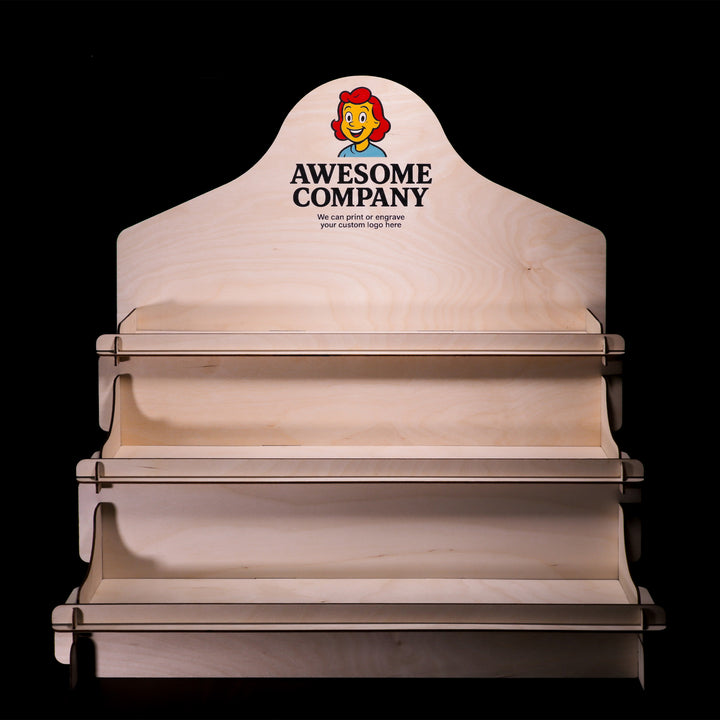 Wooden display stand with 'Awesome Company' logo on a black background