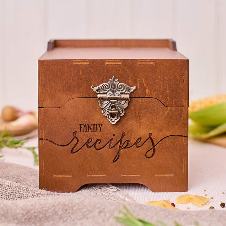 Wooden 3x5 recipe card box with engraved name