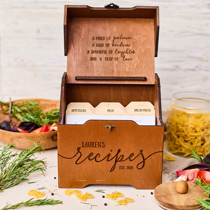 Wooden 4x6 recipe card box with engraved design