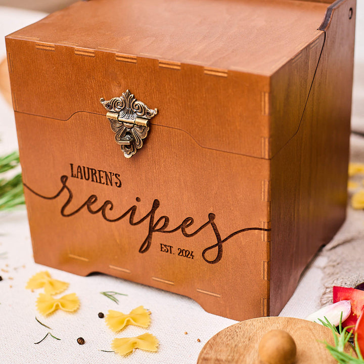 Wooden 5x7 recipe card box with custom engraving