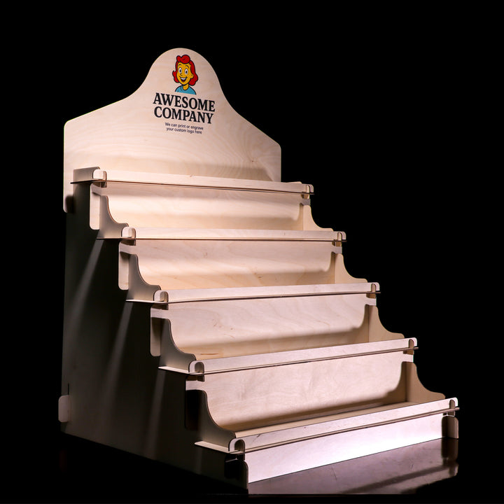 Product display stand with 'Awesome Company' branding on a black background