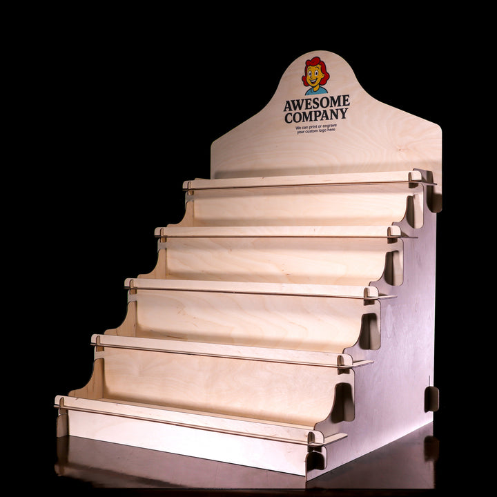 Wooden product display stand with 'Awesome Company' branding on a black background