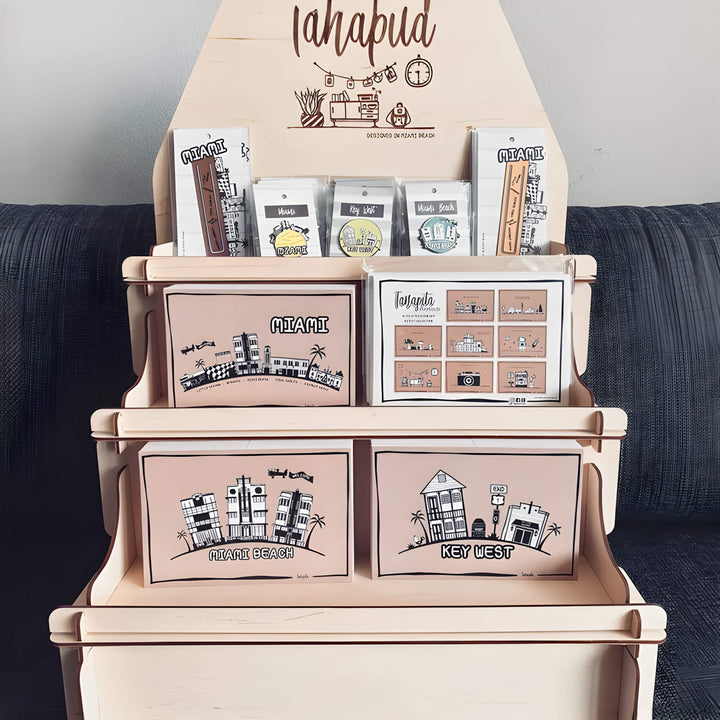 Wooden display stand with postcards