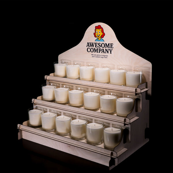 Wooden candle display with 'Awesome Company' logo on a black background