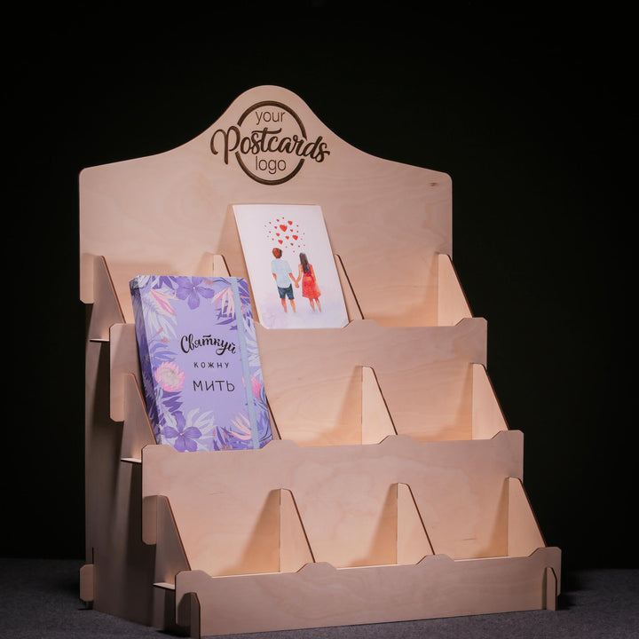 Wooden greeting card display stand with customizable logo area