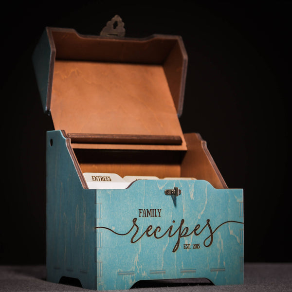 Wooden recipe box in distressed blue finish