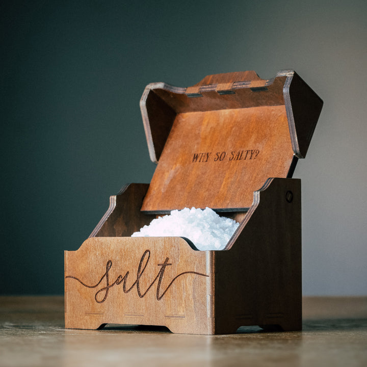 Custom text engraved wooden salt box for kitchen