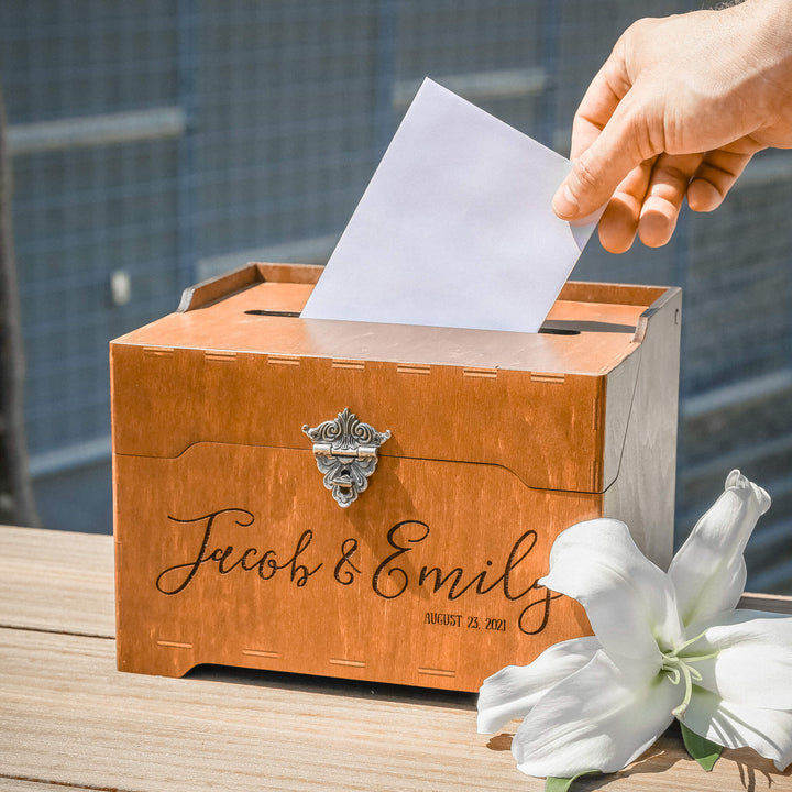 Wooden wedding card box with lock front view